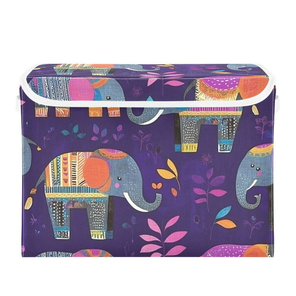 Cartoon Purple Elephant Large Storage Bins with Linen Collapsible Lid Storage Box 16.7 x 12.6 x 11.8in