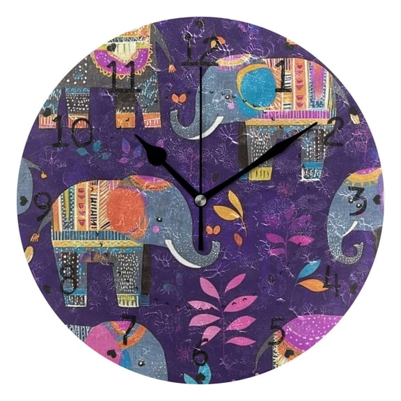 Cartoon Purple Elephant Round Wall Clock Silent Battery Operated Home Decor for Living Room Bedroom