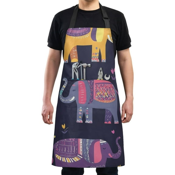 Cartoon Purple Elephants Chef Kitchen Apron with Pockets for Women Waterproof Aprons for Cooking Baking