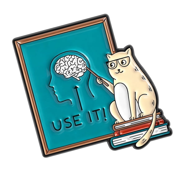 Cartoon Puss Teacher Character Brooch Pin With Spectacles Gesturing To Head For Intellectual Inspiration Accessory