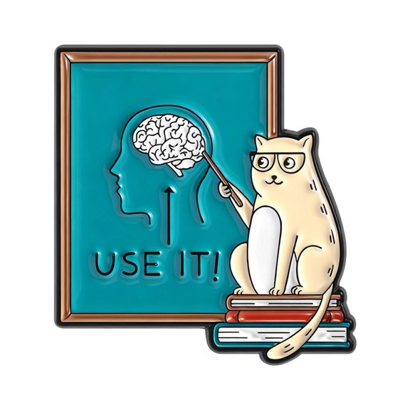 Cartoon Puss Teacher Character Brooch Pin With Spectacles Gesturing To Head For Intellectual Inspiration Accessory