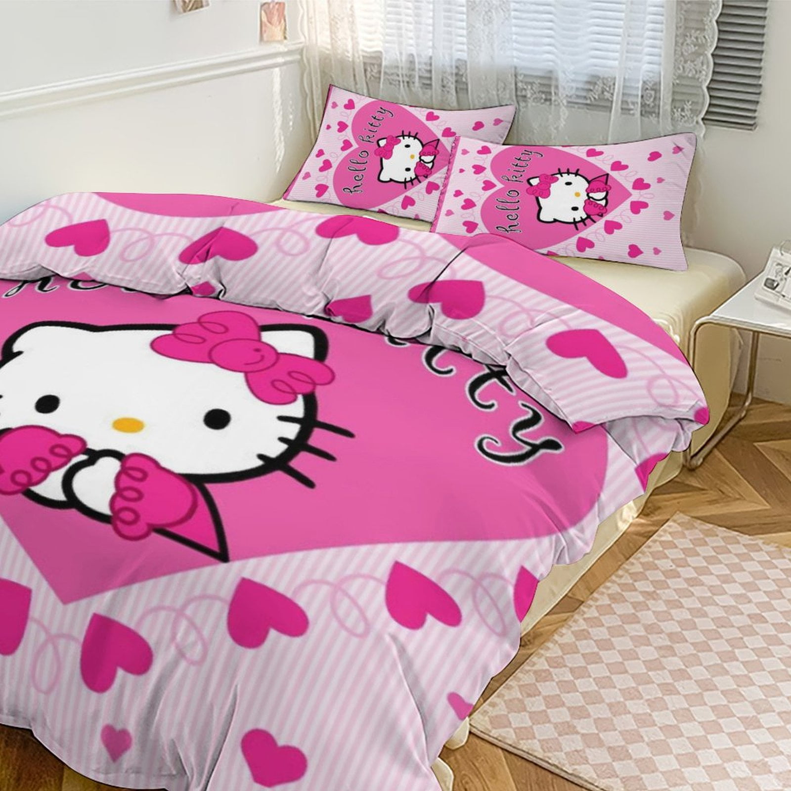 Cartoon Queen Hello Kitty Comforter Heart 3-Piece Bed Sheets Warm ...