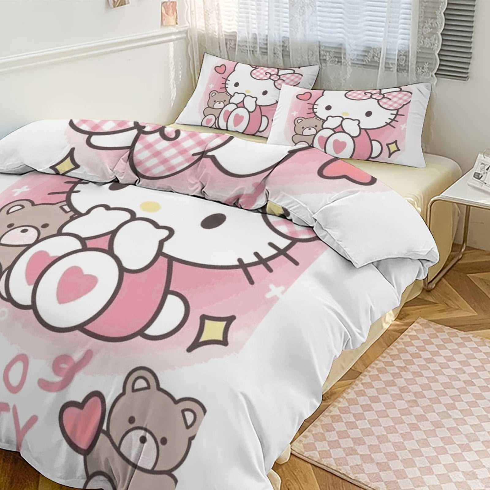 Cartoon Hello Kitty Comforter Heart Bear 3-Piece Bed Sheets Warm Kawaii ...