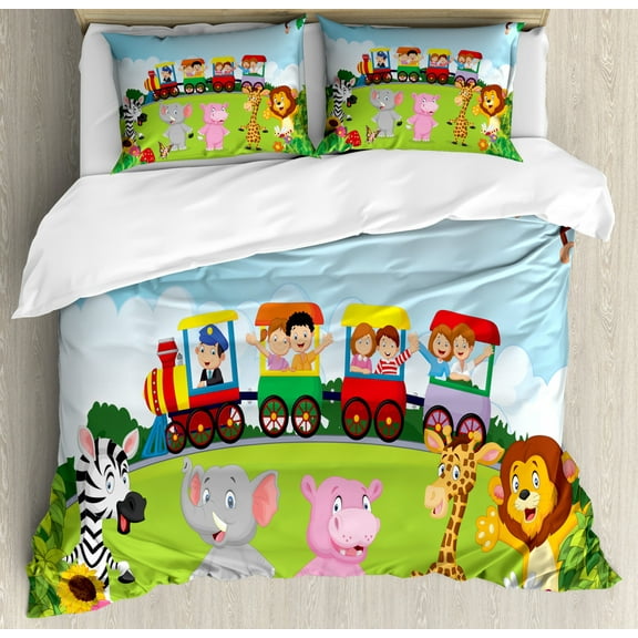 Cartoon Queen Size Duvet Cover Set, Kids Nursery Design Happy Children on a Choo Choo Train with Safari Animals Artwork, Decorative 3 Piece Bedding Set with 2 Pillow Shams, Multicolor, by Ambesonne