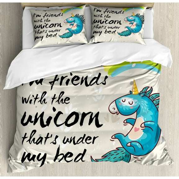 Cartoon Queen Size Duvet Cover Set, Unicorn Dreaming with Rainbow Magical Myst Epic Creature Pony Grace Artwork, Decorative 3 Piece Bedding Set with 2 Pillow Shams, Cream Blue Black, by Ambesonne