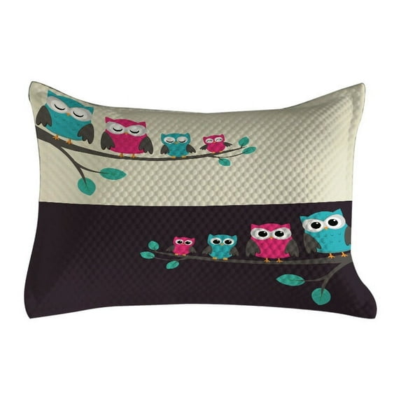 Cartoon Quilted Pillowcover, Family of Owls Sitting on Branches Characters Togetherness Mom Dad, Standard King Size Accent Pillow Cover for Bedroom, 36" x 20", Multicolor, by Ambesonne