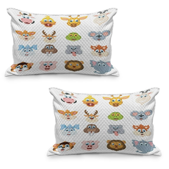 Cartoon Quilted Pillowcover Set of 2, Comic Design of Composition of Smiling Animal Faces Visages Koala Fox Pi Caricature Art, Standard Queen Size Pillow Cover Bedroom, 36" x 20", Multi, by Ambesonne