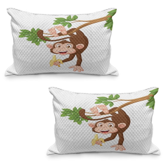 Cartoon Quilted Pillowcover Set of 2, Funny Monkey Hanging from Tree and Holding Banana Jungle Animals Theme Print, Standard Queen Size Pillow Cover Bedroom, 36" x 20", Chocolate White, by Ambesonne