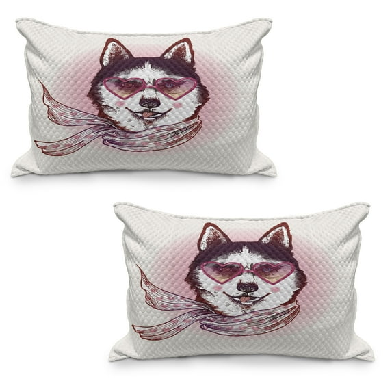 Cartoon Quilted Pillowcover Set of 2, Hipster Husky Dog with Hearts Sunglasses and Scarf Fashion Animal Art Print, Standard Queen Size Pillow Cover Bedroom, 36" x 20", Pink Cream Black, by Ambesonne