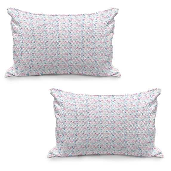 Cartoon Quilted Pillowcover Set of 2, Milk Bottles Pacifiers Rattles Pattern Hand Drawn Themed Ornate Image, Standard Queen Size Pillow Cover for Bedroom, 30" x 20", White Pink Blue, by Ambesonne