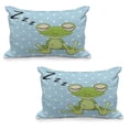 thumbnail image 1 of Cartoon Quilted Pillowcover Set of 2, Sleeping Prince Frog in a Cap Polka Dots Background Animal World Design, Standard Queen Size Pillow Cover for Bedroom, 30" x 20", Green Blue, by Ambesonne, 1 of 1