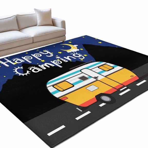 Cartoon RV 6x9ft Non Slip Area Rug Happy Camping Moon Star Nights Mountain Washable Soft Area Rugs for Living Room, Indoor Circle Carpet for Bedroom Dining Room Kitchen