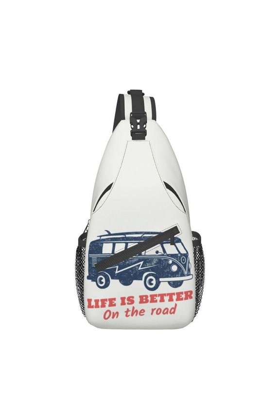 Cartoon RV Happy Camper Sling Bag for Men Fashion Outdoors Adventure Camping Shoulder Chest Crossbody Backpack Traveling Daypack