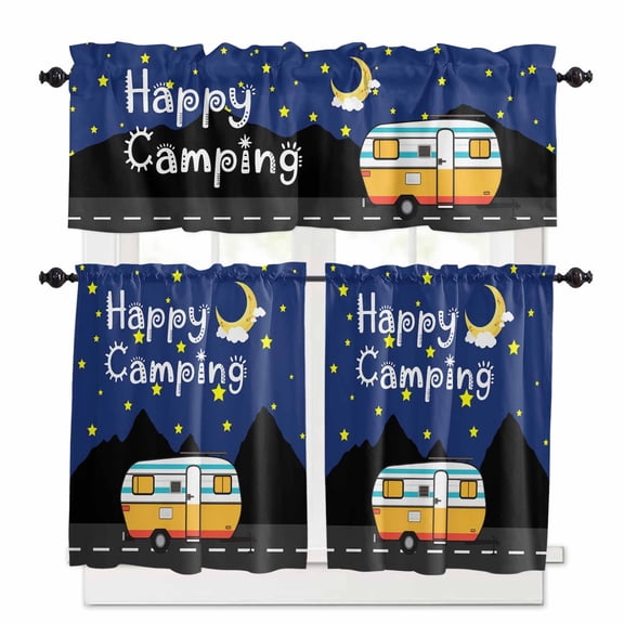 Cartoon RV Kitchen Curtains Valance and Tier Set Happy Camping Moon Star Nights Mountain Rod Pocket Short Curtains for Small Window 3 Pieces Set for Bedroom Bathroom Cafe (54" x 18"+27" x 24")