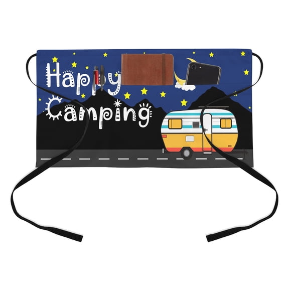 Cartoon RV Kitchen Restaurant Half Waist Apron, Happy Camping Moon Star Nights Mountain Server Short Apron with 3 Pockets Waterproof Oil Waist Aprons for Women Waitress Waiter