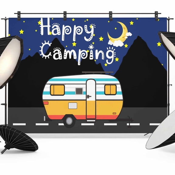 Cartoon RV Photography Backdrop 10x8FT, Happy Camping Moon Star Nights Mountain Photo Backdrops, Background for Photography Studio Photo Studio Background, Back Drop for Photoshoot
