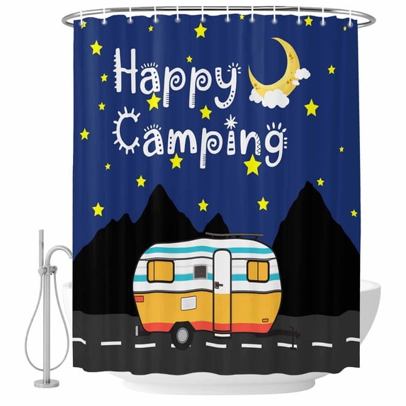 Cartoon RV Shower Curtain for Bathroom, Happy Camping Moon Star Nights ...