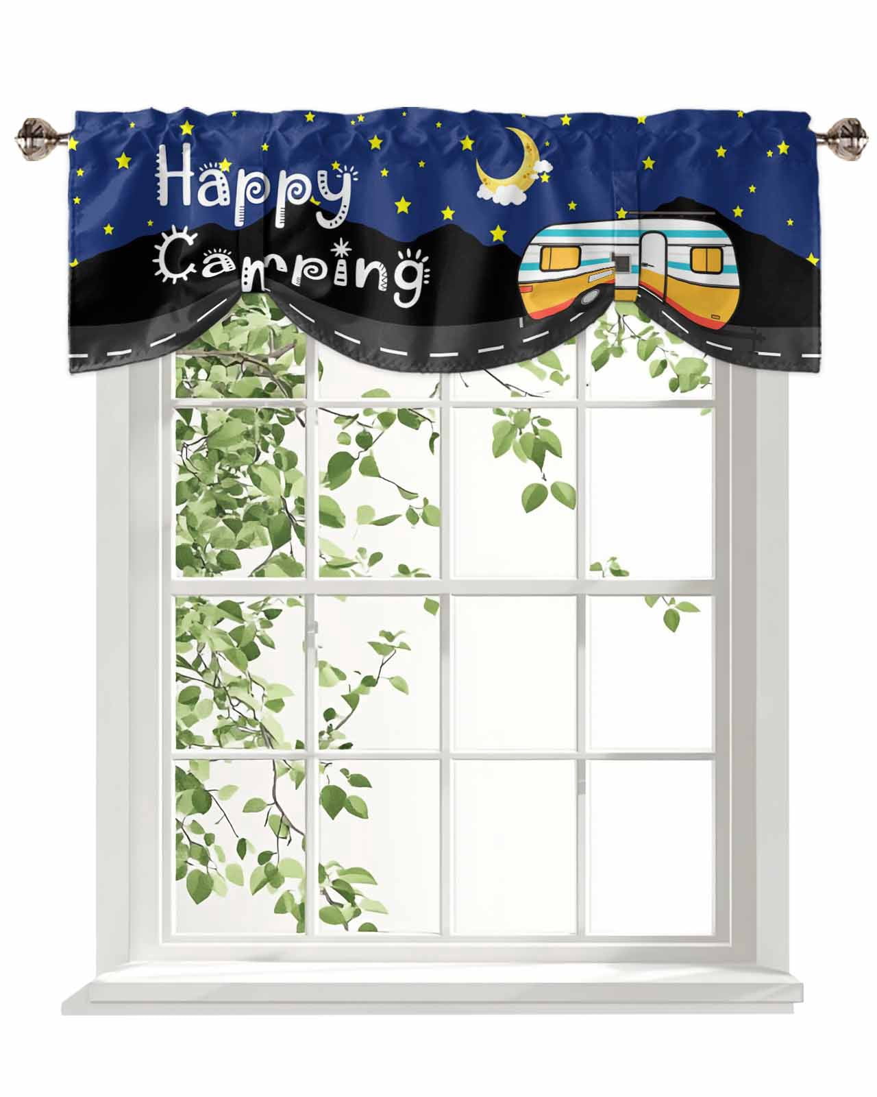 Cartoon RV Tie Up Valances Curtain, Happy Camping Moon Star Nights ...