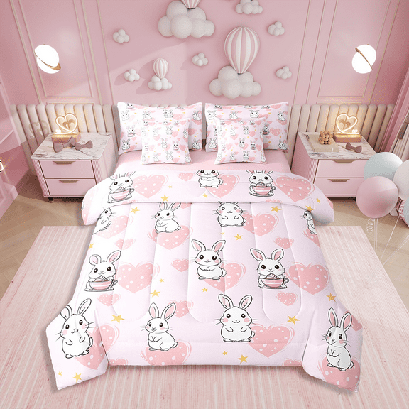 Cartoon Rabbit 7 Pieces Bedding Set Cute Bunnies Twin Comforter Set with Sheets Room Decor Pink Love Heart Bed in a Bag Jungle Animal Bed Set