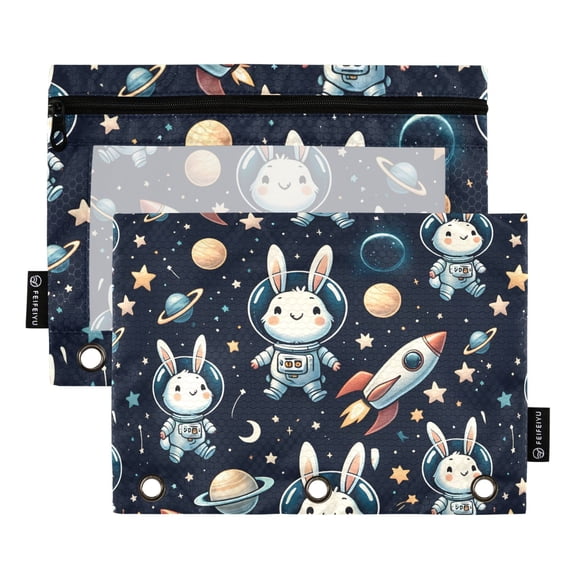 Cartoon Rabbit Astronaut 2 Pack Pencil Pouch for 3 Ring Binder Smooth Zipper Folders with Pockets Clear Window Pencil Case