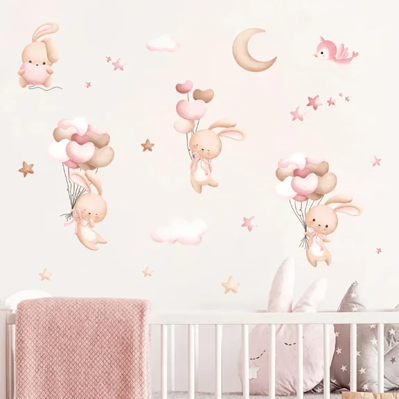 Cartoon Rabbit Balloon Wall Stickers for Home Decor Girls Room Baby Room Wall Sticker Bedroom Background Wallpaper