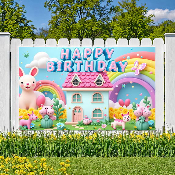 Cartoon Rabbit Banner Colorful Rainbow Animal Theme Decorative House for Kids Party Celebration