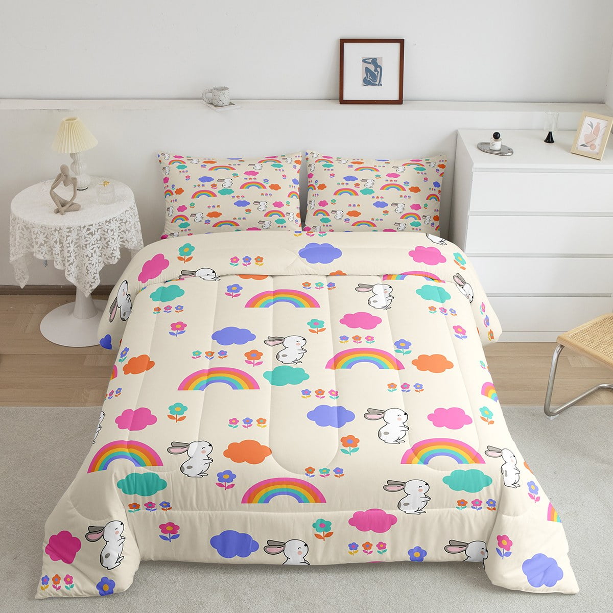 Cartoon Rabbit Bedding Set Queen Flower Comforter Set, White Bunnies ...