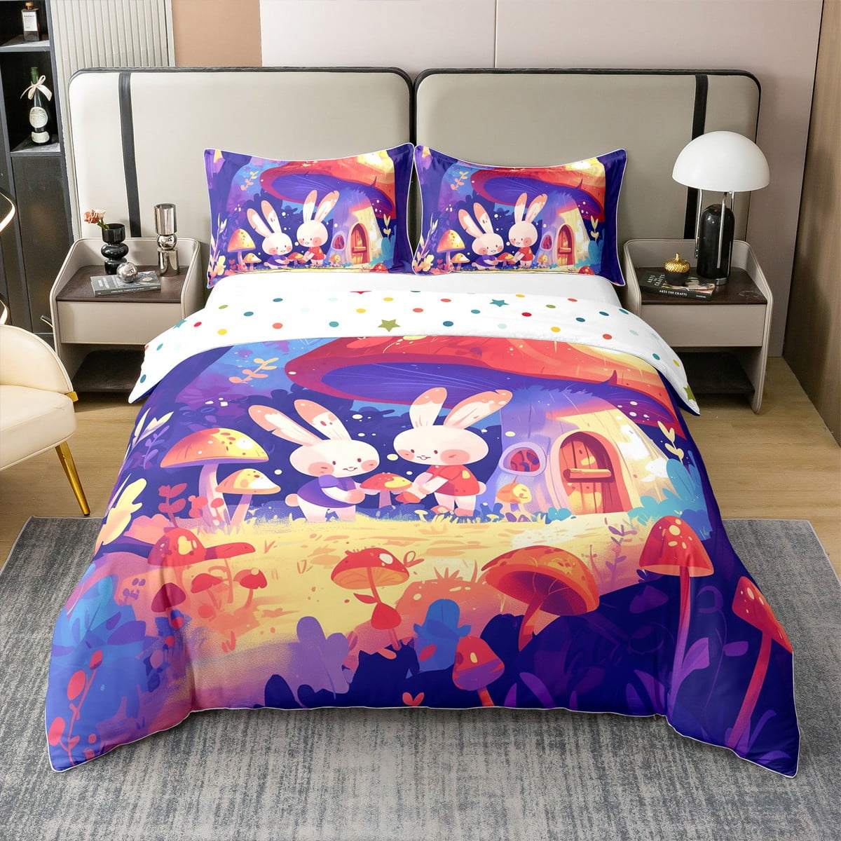 Cartoon Rabbit Bedding Set Twin Size Cute Mushroom Botanical Comforter ...