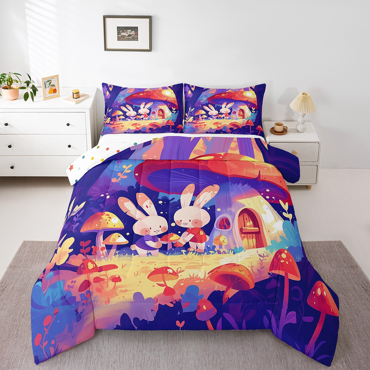 Cartoon Rabbit Bedding Set Twin Size Cute Mushroom Botanical Comforter ...