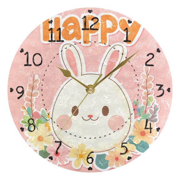 Cartoon Rabbit Face Florals Easter Round Wall Clock Silent Analog Battery Operated Gold Pointer Home Decor 9.84" Diameter