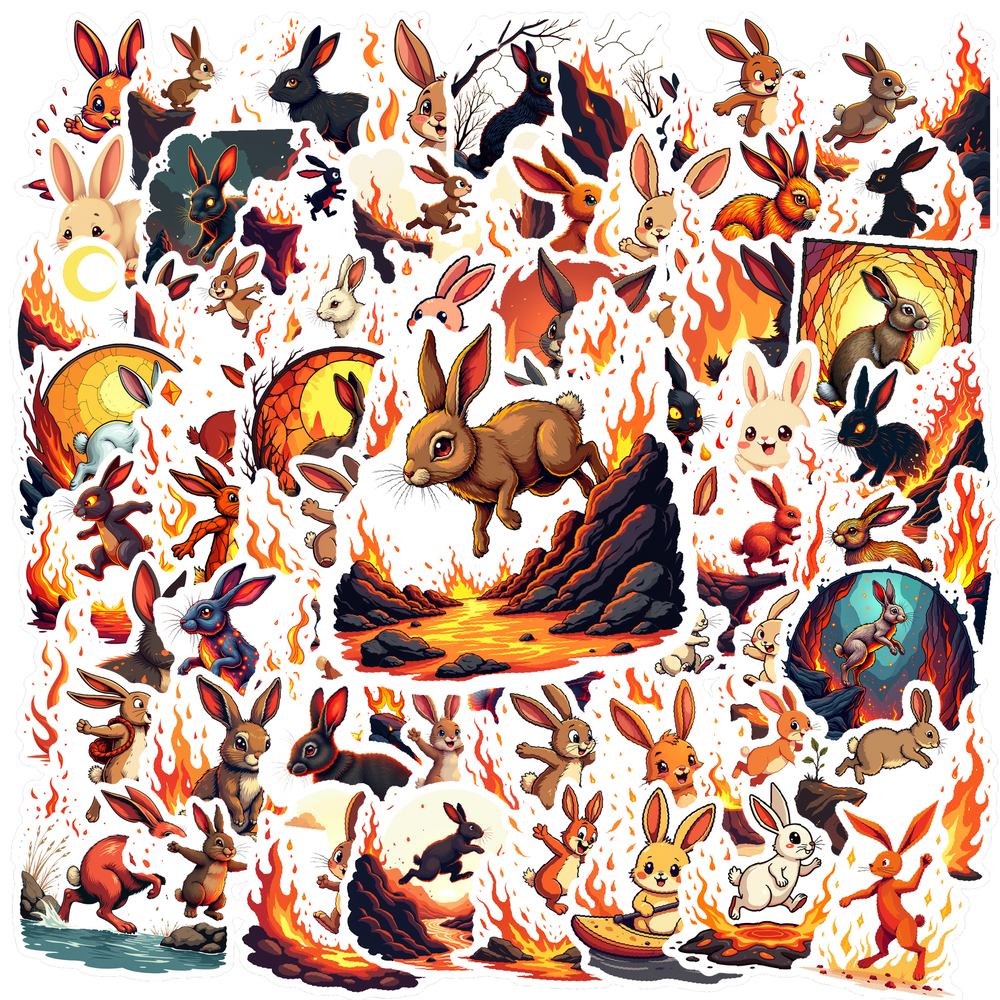 Cartoon Rabbit Fire Theme Stickers, Waterproof Rabbit Fire Theme ...