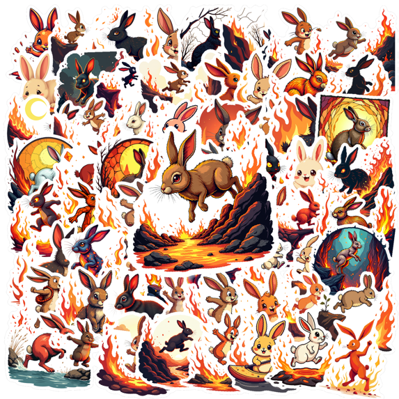 Cartoon Rabbit Fire Theme Stickers, Waterproof Rabbit Fire Theme Sticker for Water Bottle Laptop Phone Cases Planner Skateboard Luggage Helmet Party Favor Decor, Ideal for Adults Teens Teacher Rewards