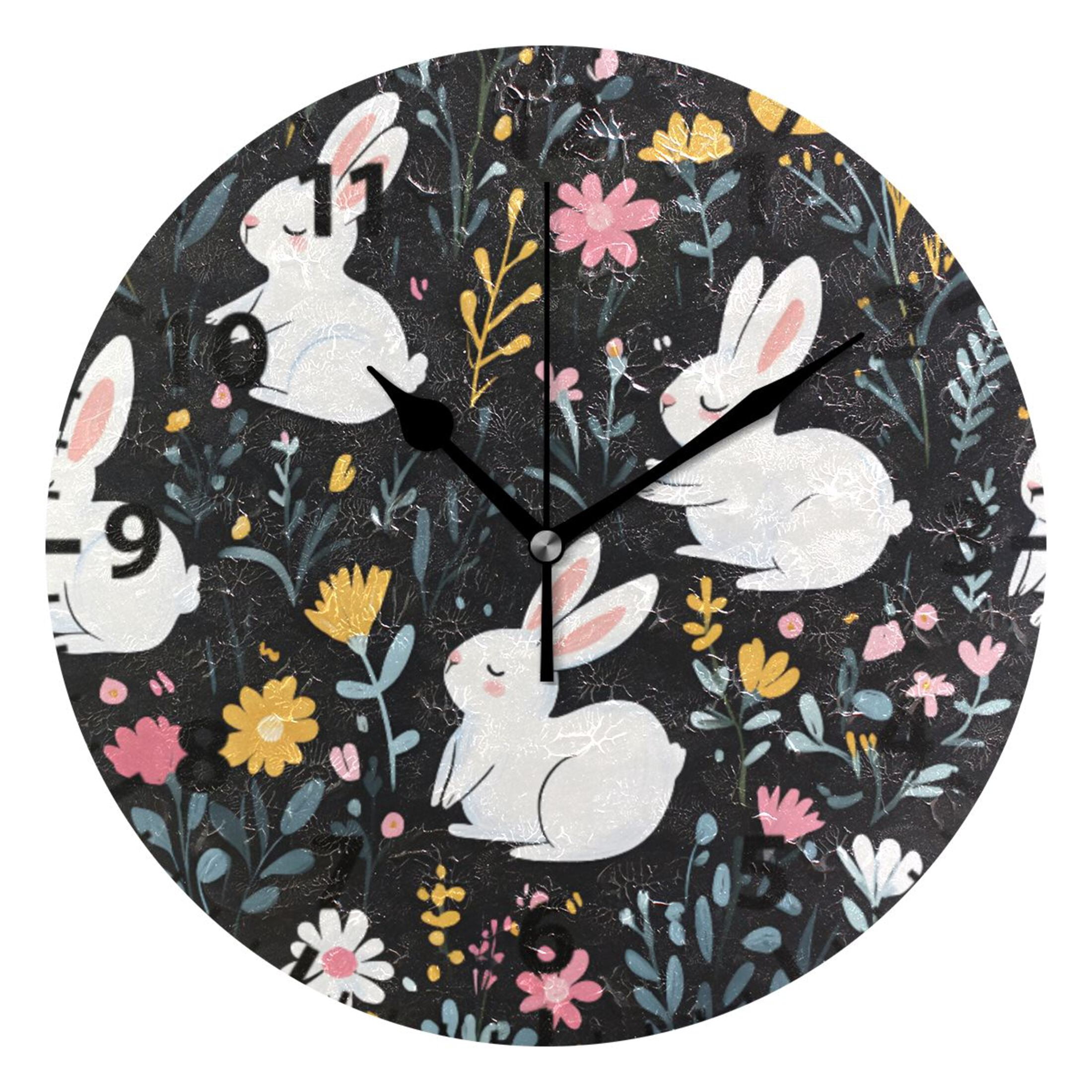 Cartoon Rabbit Floral Pattern Wall Clock 10in Round Artistic Oil ...