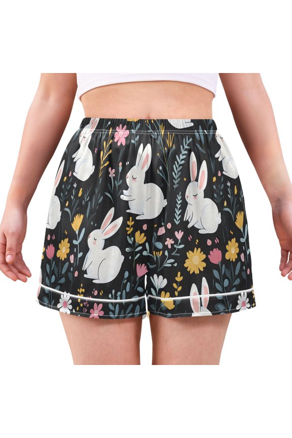 Cartoon Rabbit Floral Pattern Women's Pajama Shorts Silky Satin Casual Lounge Sleep Zero Pressure