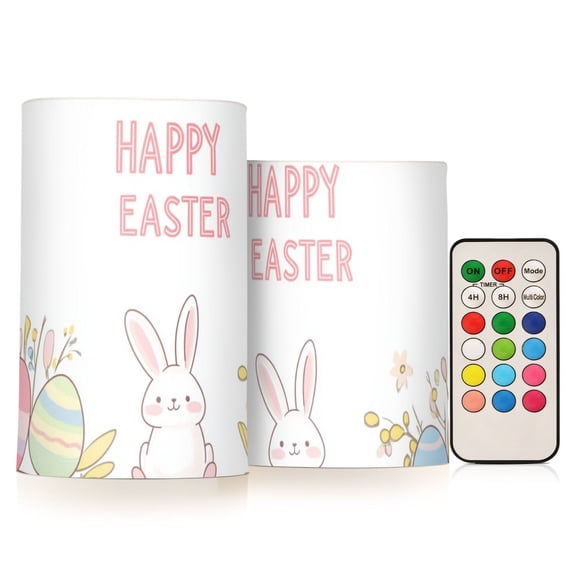 Cartoon Rabbit Happy Easter Eggs Flickering Flameless Candles LED Tealight Battery Operated with Remote Set of 2 Holiday Decor Ornaments
