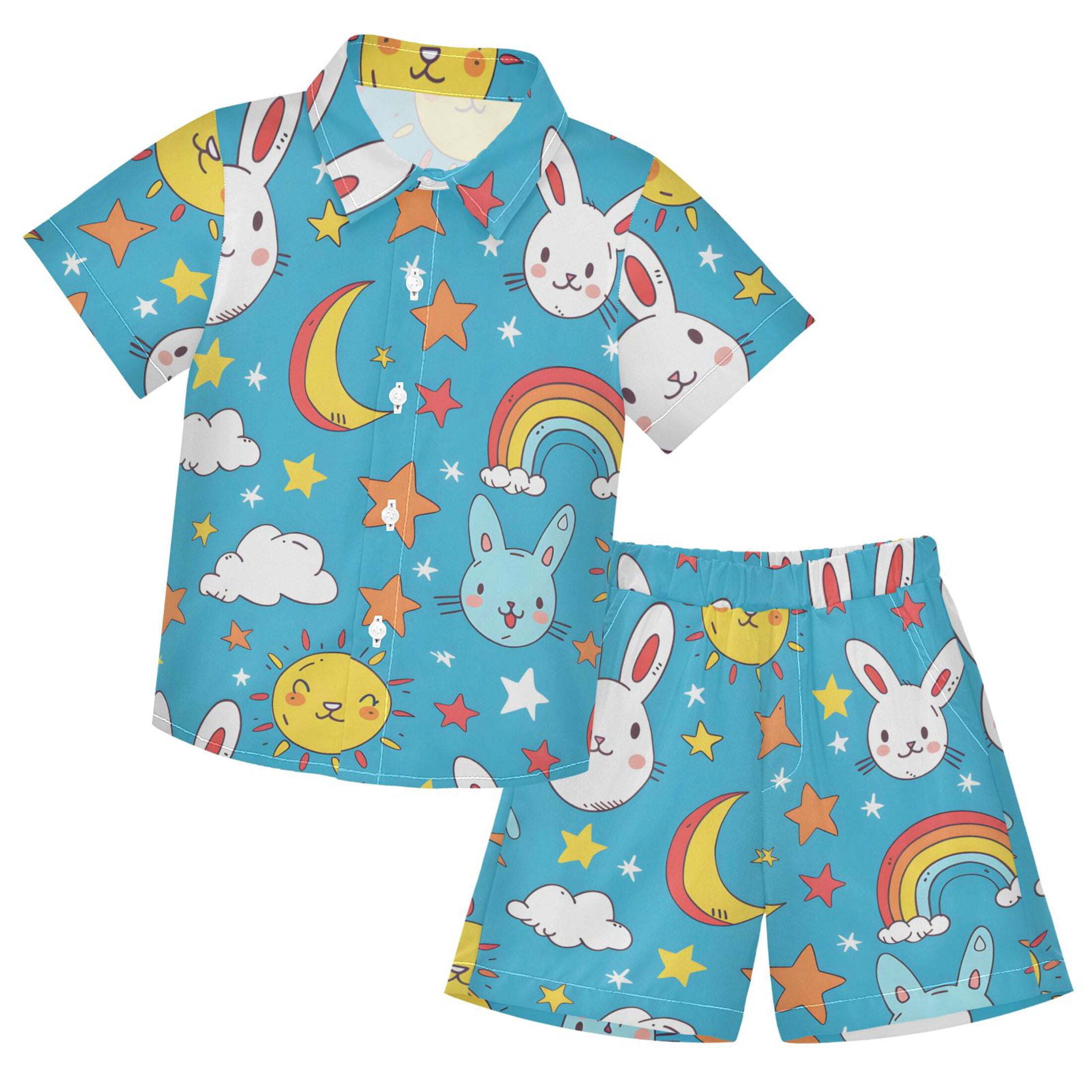 Cartoon Rabbit Pattern Boys' Hawaiian Shorts Sets Button Down Shirts 3T ...