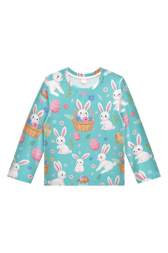 Cartoon Rabbit Pattern Boys' Rash Guard Shirts UPF 50 Plus Sun Protection Short Sleeve Swim Tees 4T