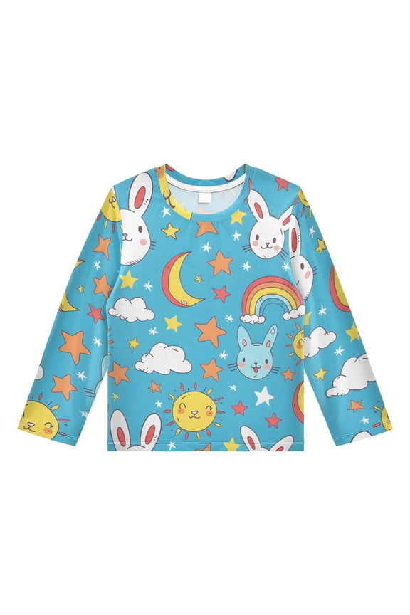 Cartoon Rabbit Pattern Boys' Rash Guard Shirts UPF 50 Plus Sun Protection Short Sleeve Swim Tees 7-8T