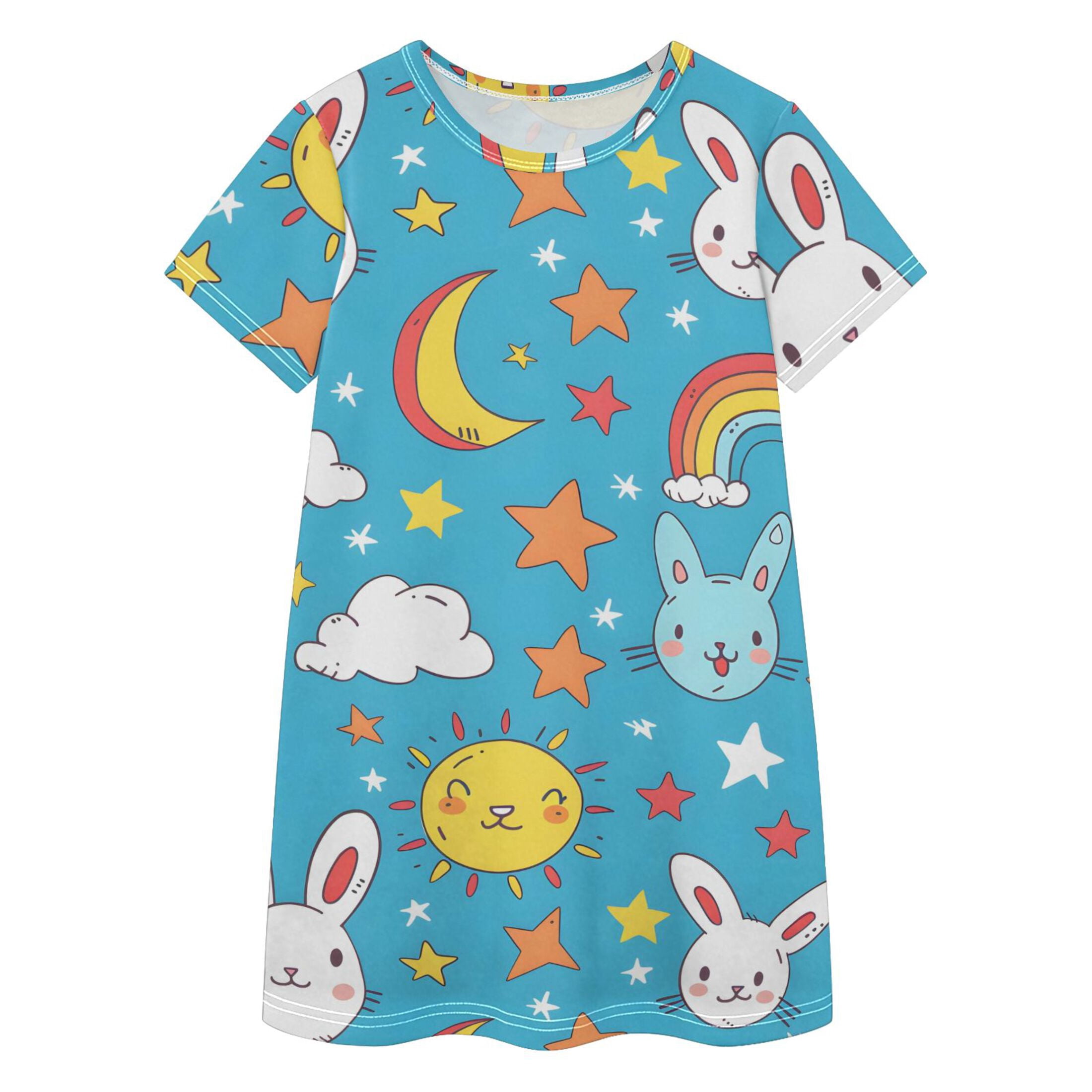 Cartoon Rabbit Pattern Girls' Casual Dresses Short Sleeve Cotton Dress ...
