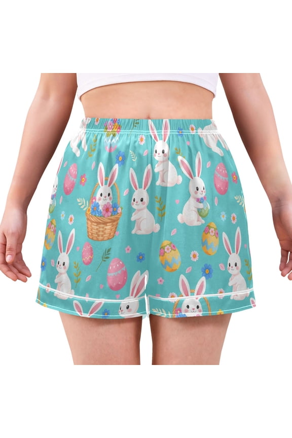 Cartoon Rabbit Pattern Women's Pajama Shorts Silky Satin Casual Lounge Sleep Zero Pressure
