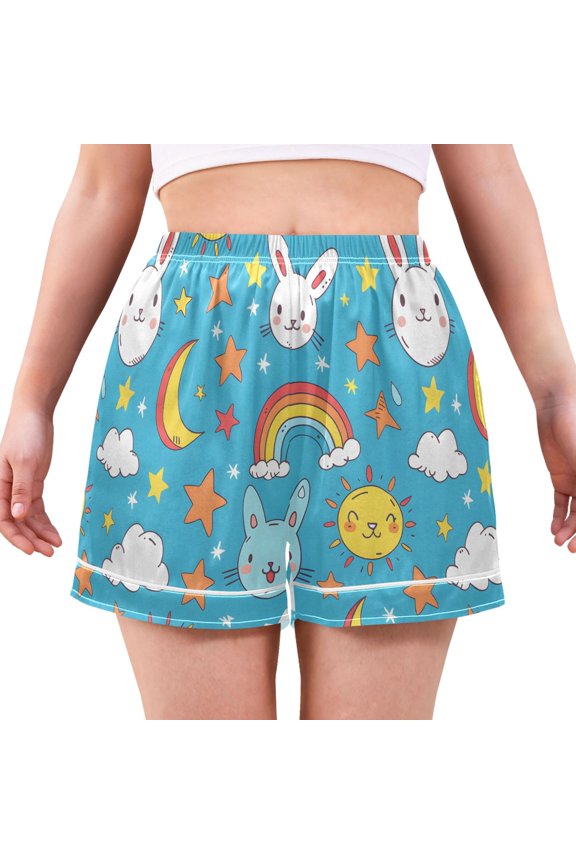 Cartoon Rabbit Pattern Women's Pajama Shorts Silky Satin Casual Lounge Sleep Zero Pressure