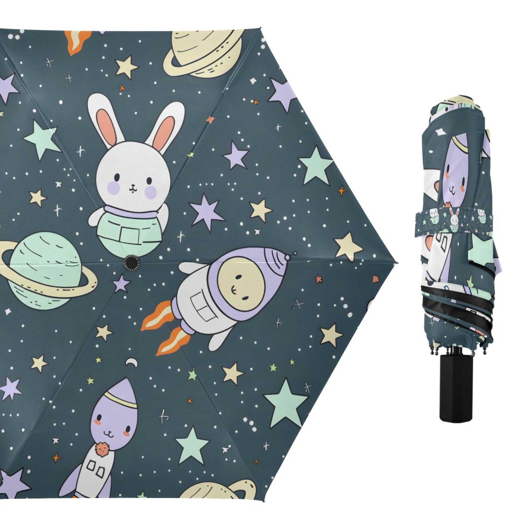 Cartoon Rabbit Star Planet Compact Sun Umbrella Windproof Travel Umbrellas for Rain Strong Portable UV Protection