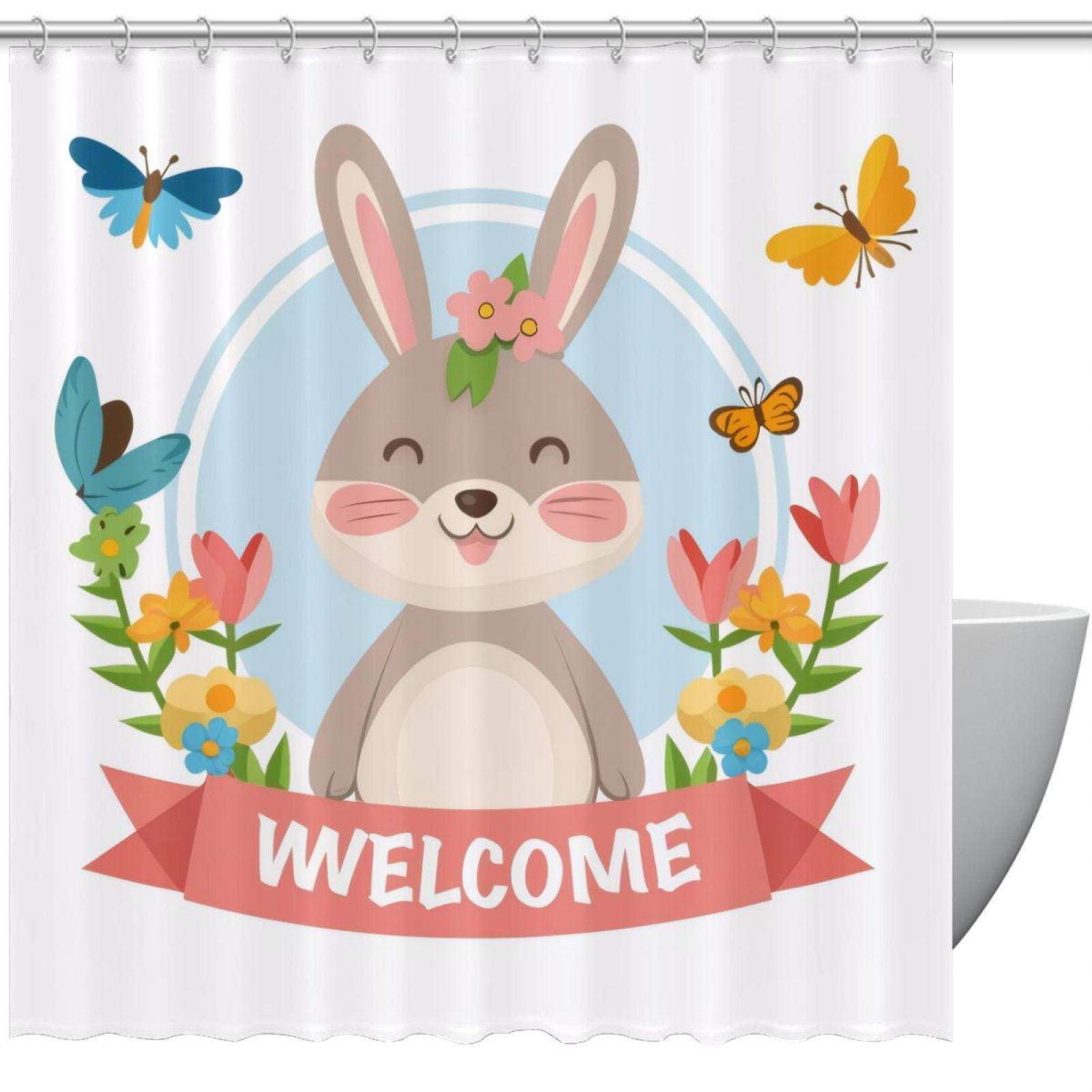 Cartoon Rabbit Welocme Shower Curtain with Hooks, Polyester Fabric