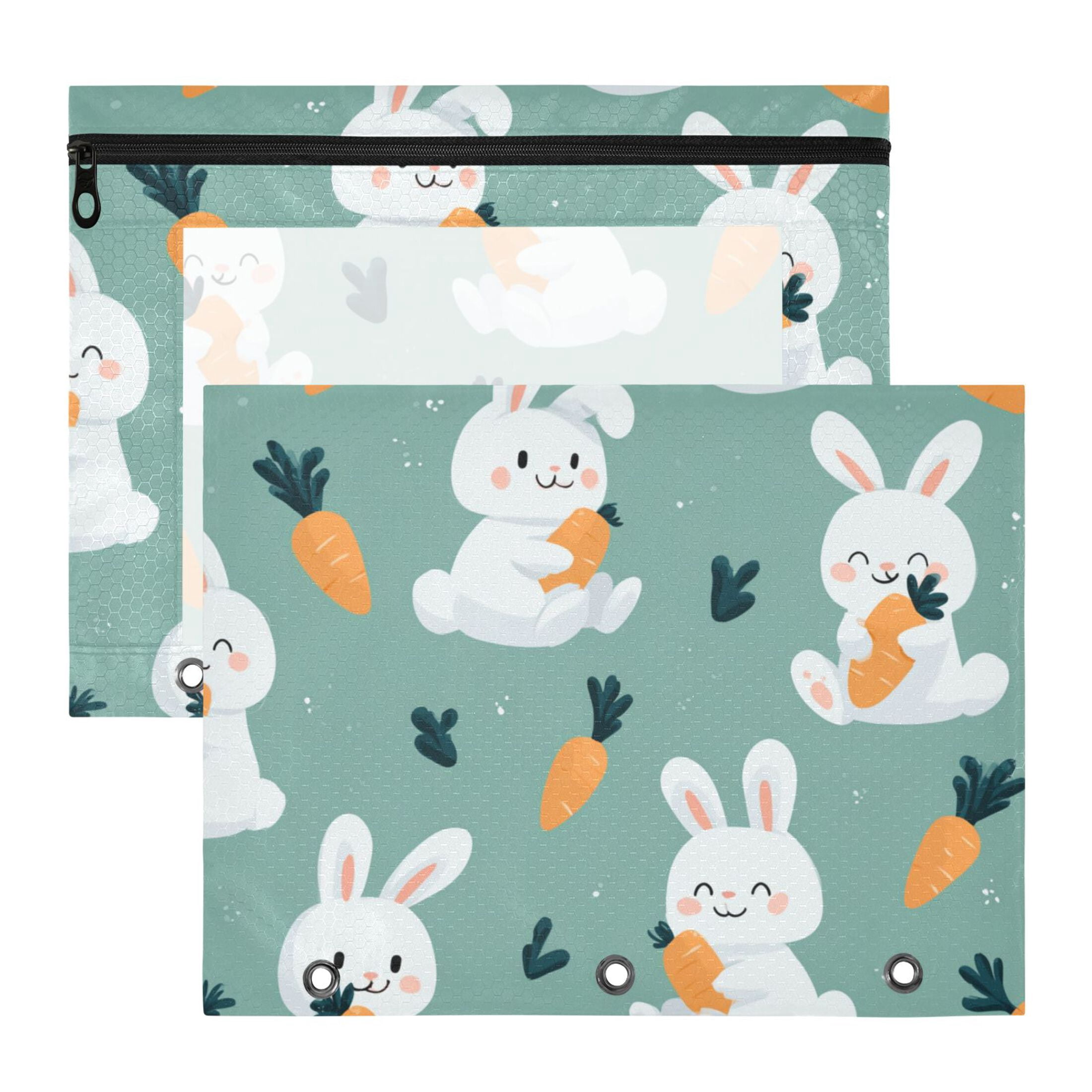 Cartoon Rabbits Eating Carrot Cute 3-Ring Binder Pocket with Zipper ...