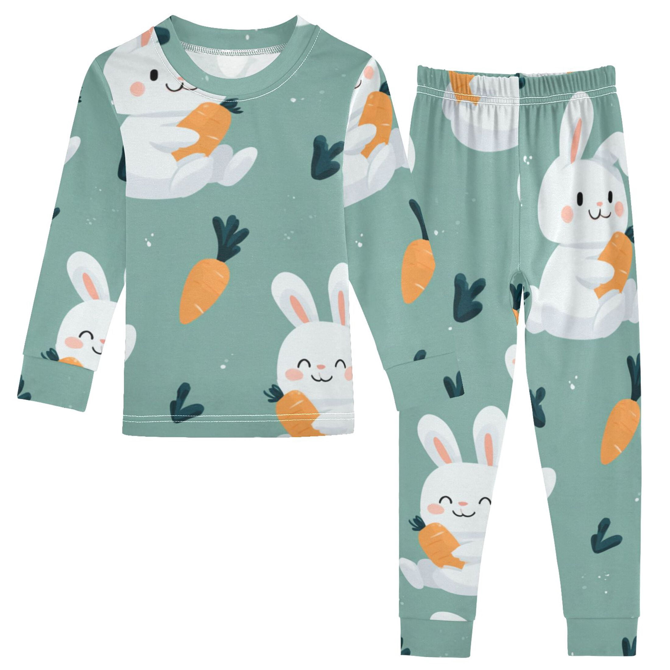 Cartoon Rabbits Eating Carrot Cute Cotton Pajama Set Long Sleeve Top ...