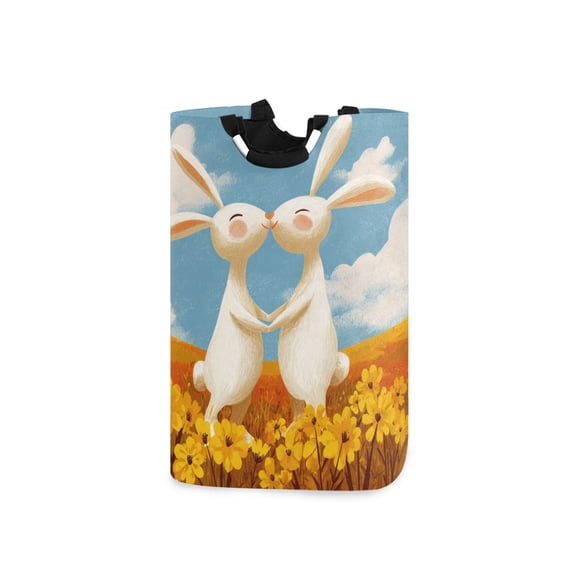 Cartoon Rabbits Happy Valentine Yellow Flowers Laundry Basket with Handles Foldable Laundry Hamper Freestanding Washing Bin 50L