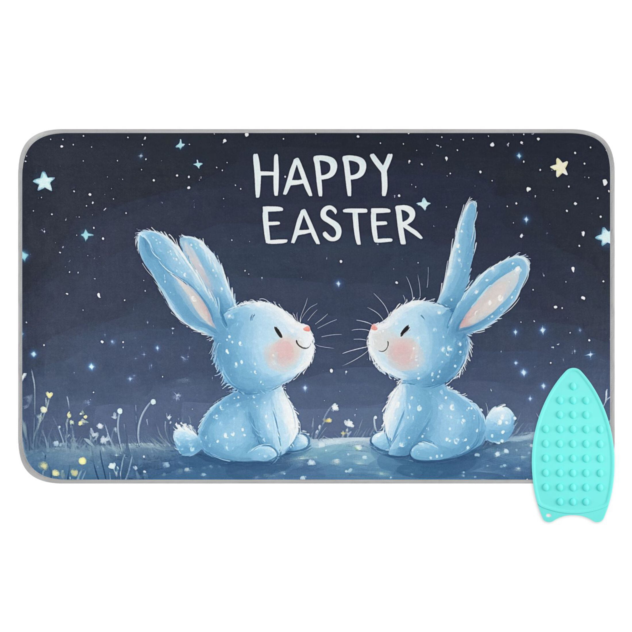 Cartoon Rabbits in Starry Night Easter Ironing Mat Blanket Portable Travel Ironing Pad Heat Resistant Pad 47.2" x 27.6”
