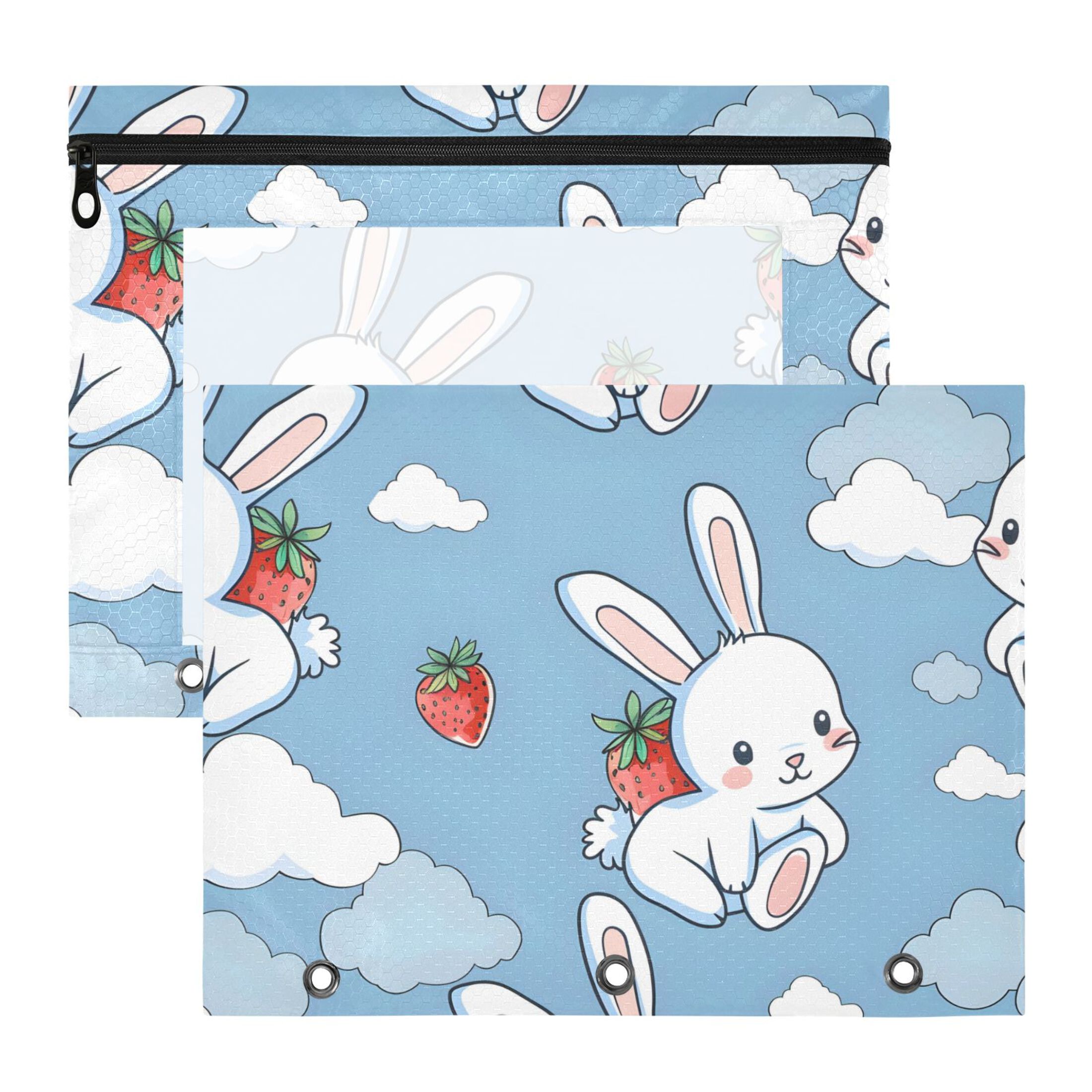 Cartoon Rabbits with Strawberries Clouds Cute 3-Ring Binder Pouches A4 ...
