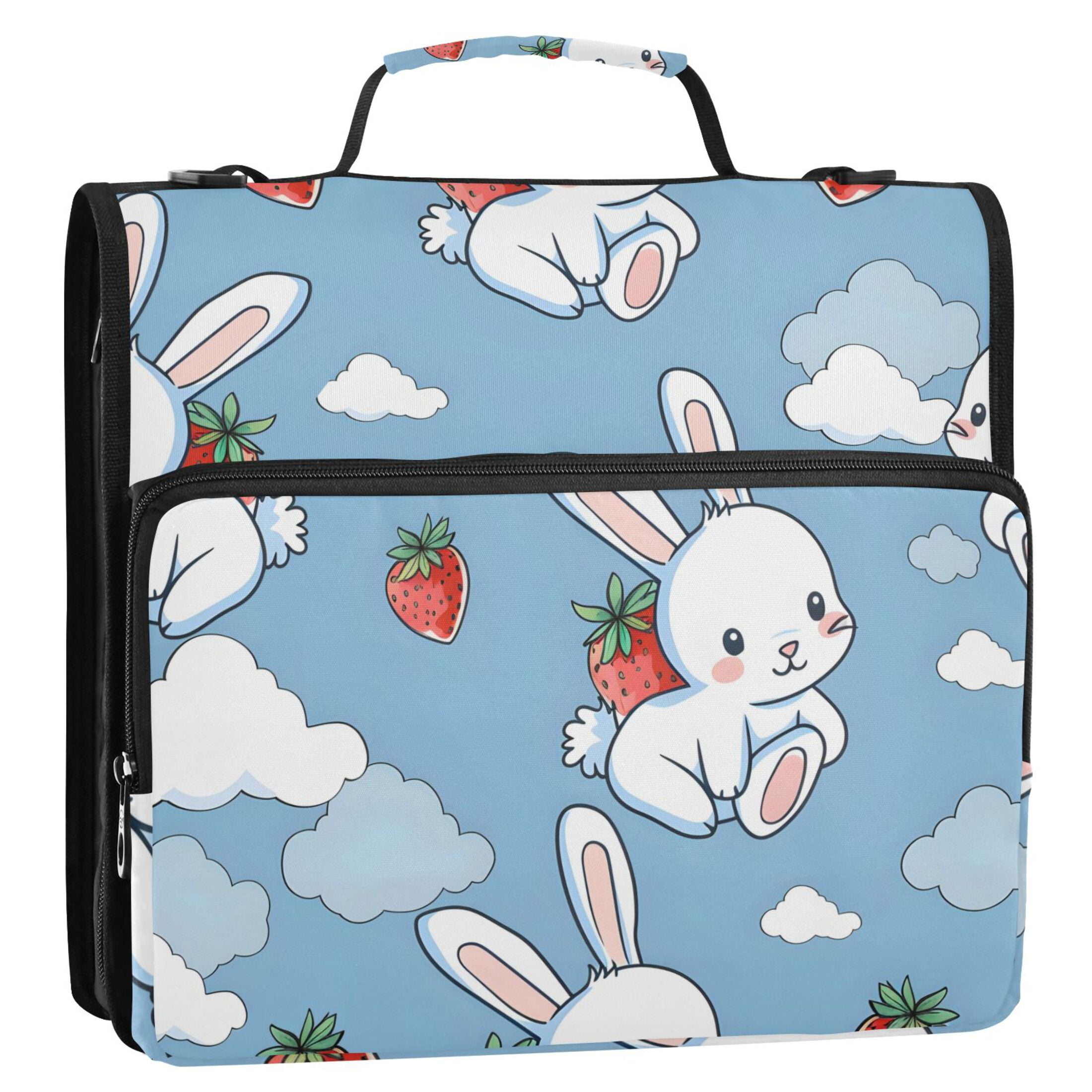 Cartoon Rabbits with Strawberries Clouds Cute Binder Bag with Shoulder ...