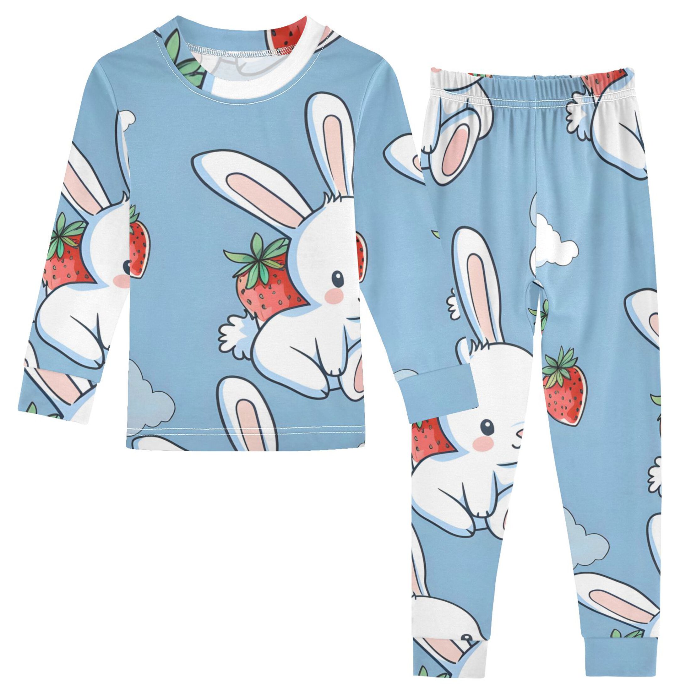 Cartoon Rabbits with Strawberries Clouds Cute Cotton Pajama Set Long ...